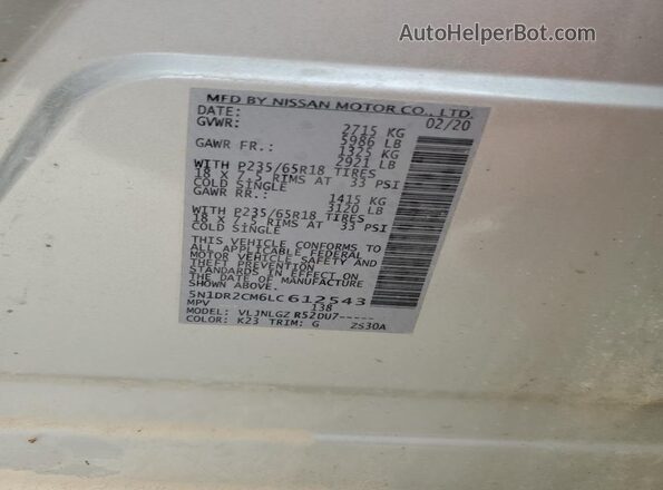 5N1DR2CM6LC612543 2020 NISSAN PATHFINDER Silver სალონის 360-გრადუსიანი ხედი