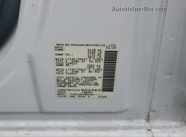 1N6BF0KY5LN804969 2020 NISSAN NV White Вид наклейки з VIN-кодом
