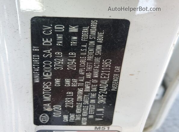 3KPF24AD4LE211985 2020 KIA FORTE White VIN sticker view