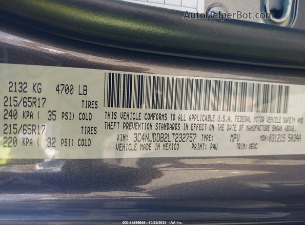 3C4NJDDB2LT232757 2020 JEEP COMPASS Gray Engine compartment view