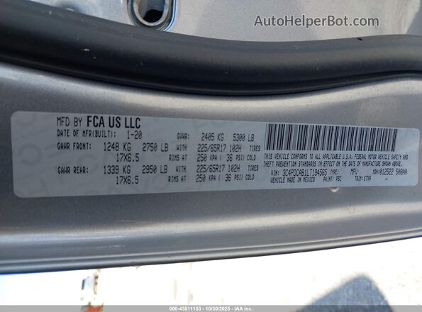 3C4PDCAB1LT194565 2020 DODGE JOURNEY Silver ძრავის განყოფილების ხედი