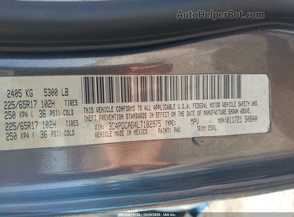 3C4PDCAB4LT182975 2020 DODGE JOURNEY Gray ძრავის განყოფილების ხედი
