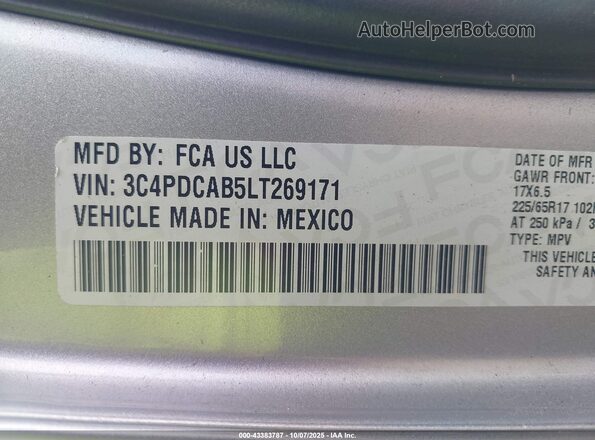3C4PDCAB5LT269171 2020 DODGE JOURNEY Silver Vista del compartimento del motor