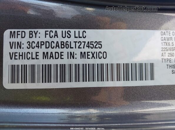 3C4PDCAB6LT274525 2020 DODGE JOURNEY Gray Vista del compartimento del motor