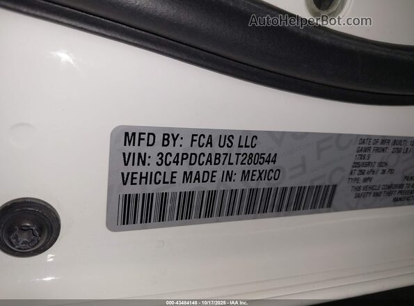 3C4PDCAB7LT280544 2020 DODGE JOURNEY White Vista del compartimento del motor