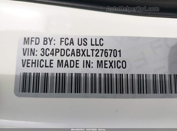 3C4PDCABXLT276701 2020 DODGE JOURNEY White Engine compartment view