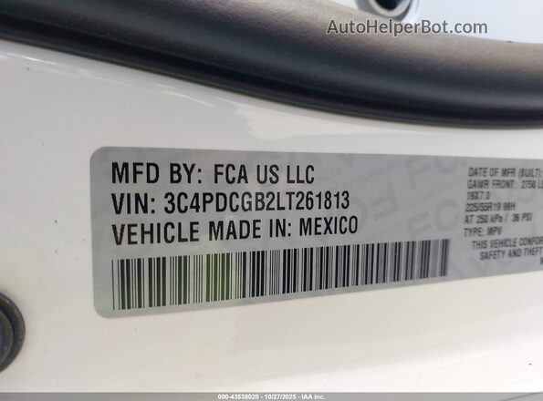 3C4PDCGB2LT261813 2020 DODGE JOURNEY White Vista del compartimento del motor