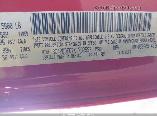 3C4PDDEG7KT732597 2019 DODGE JOURNEY Красный Вид подкапотного пространства