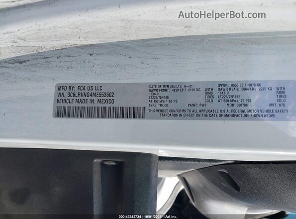 3C6LRVNG4ME553602 2021 RAM PROMASTER 1500 White Вид підкапотного простору
