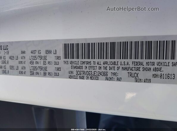 3C6TRVDG3JE124366 2018 RAM PROMASTER 2500 Белый Вид подкапотного пространства