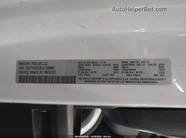 3C6TRVDG3LE139694 2020 RAM PROMASTER 2500 White Engine compartment view