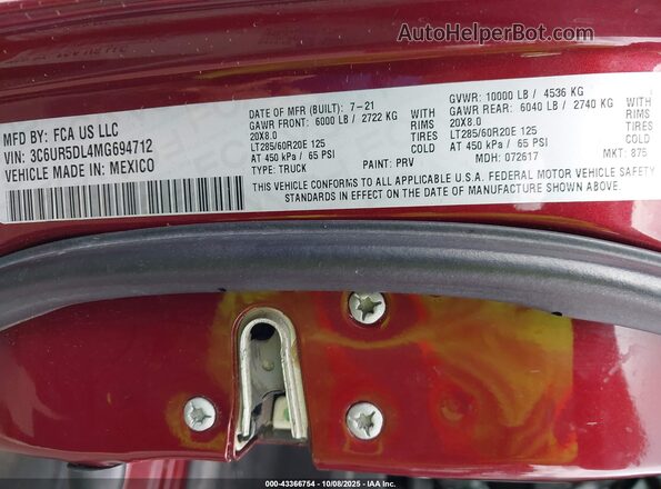 3C6UR5DL4MG694712 2021 RAM 2500 Бордовый 