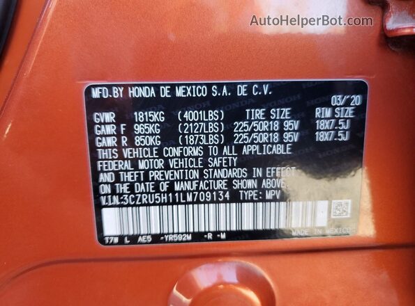 3CZRU5H11LM709134 2020 HONDA HR-V Orange Widok komory silnika