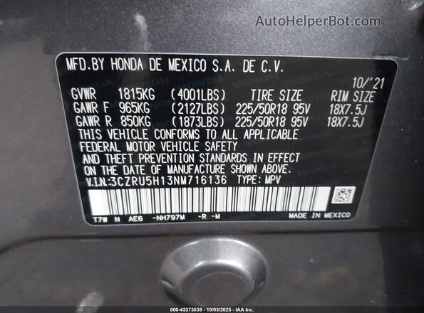 3CZRU5H13NM716136 2022 HONDA HR-V Gray Vista del compartimento del motor