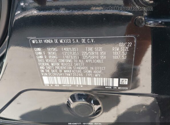 3CZRU5H17NM735286 2022 HONDA HR-V Black Շարժիչի բաժամունքի տեսք