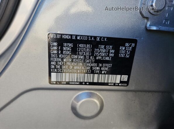 3CZRU5H39LM714132 2020 HONDA HR-V Silver Vista de la etiqueta del VIN