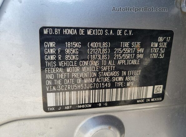 3CZRU5H53JG701549 2018 HONDA HR-V Silver 