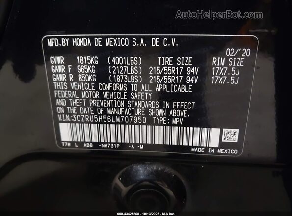 3CZRU5H56LM707950 2020 HONDA HR-V Black Vista del compartimento del motor
