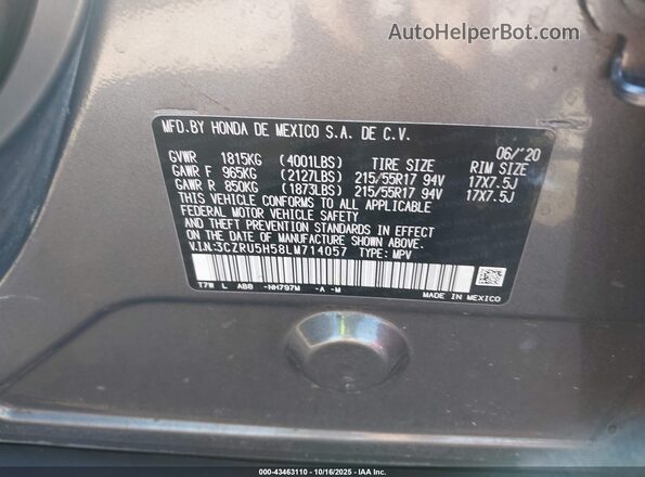 3CZRU5H58LM714057 2020 HONDA HR-V Gray Widok komory silnika