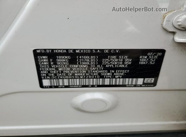3CZRU6H14LM728010 2020 HONDA HR-V White Vista de la etiqueta del VIN
