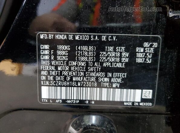 3CZRU6H16LM723018 2020 HONDA HR-V Black Widok naklejki z numerem VIN