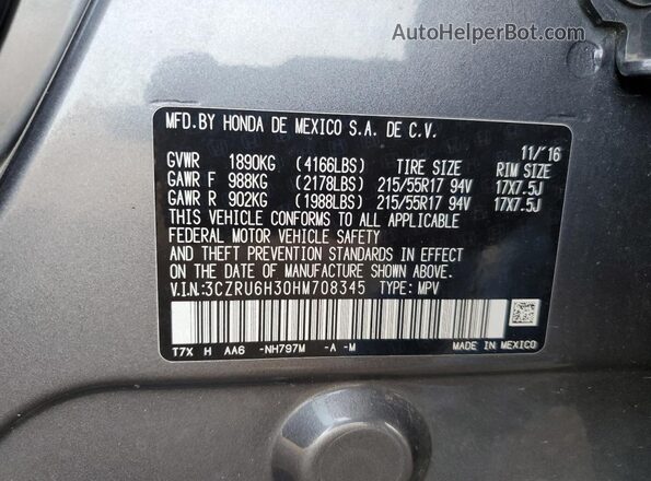 3CZRU6H30HM708345 2017 HONDA HR-V Gray სალონის 360-გრადუსიანი ხედი
