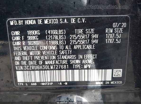 3CZRU6H30LM727681 2020 HONDA HR-V Black Widok komory silnika