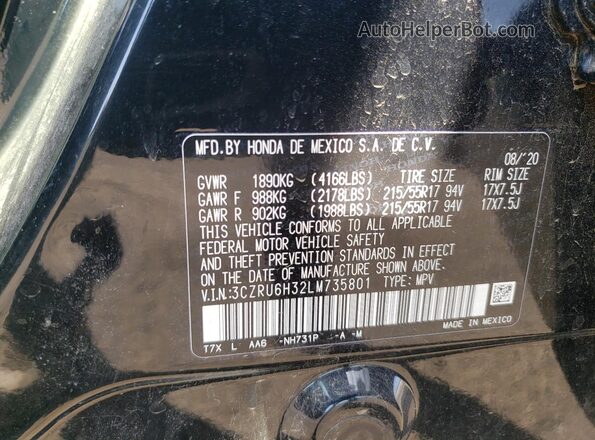3CZRU6H32LM735801 2020 HONDA HR-V Black Engine compartment view
