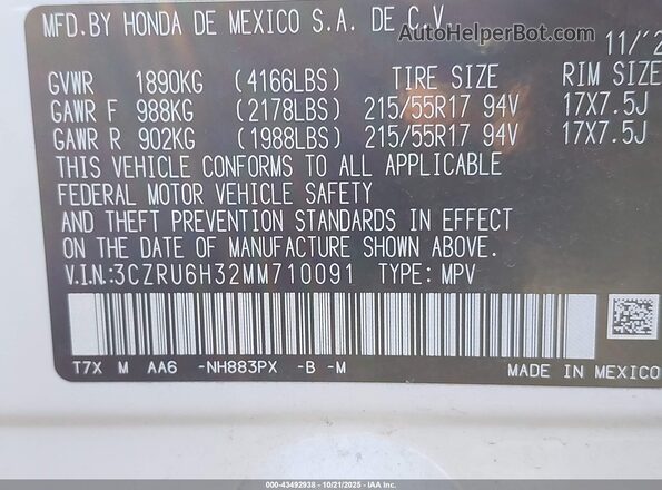 3CZRU6H32MM710091 2021 HONDA HR-V White Вид підкапотного простору