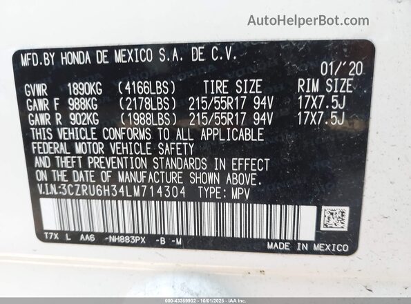 3CZRU6H34LM714304 2020 HONDA HR-V White Շարժիչի բաժամունքի տեսք