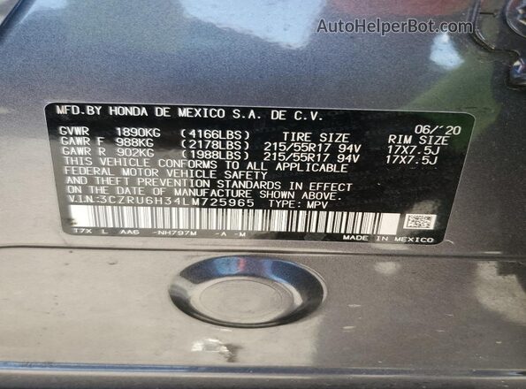 3CZRU6H34LM725965 2020 HONDA HR-V Gray VIN կոդի պիտակի տեսք
