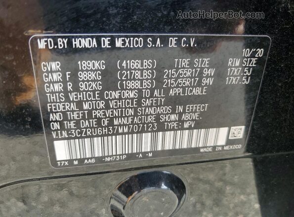 3CZRU6H37MM707123 2021 HONDA HR-V Black VIN კოდის სტიკერის ხედი