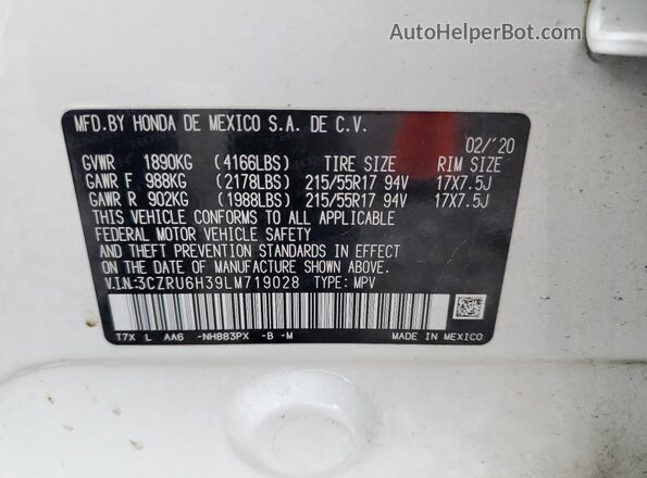 3CZRU6H39LM719028 2020 HONDA HR-V Белый Панорамный вид салона 360°