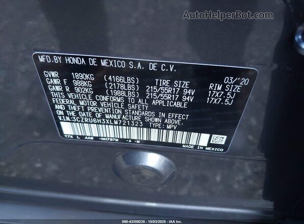 3CZRU6H3XLM721323 2020 HONDA HR-V Gray Շարժիչի բաժամունքի տեսք