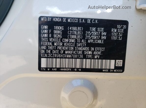 3CZRU6H3XMM708136 2021 HONDA HR-V White VIN կոդի պիտակի տեսք