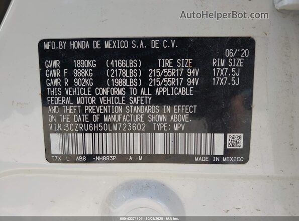 3CZRU6H50LM723602 2020 HONDA HR-V White Вид підкапотного простору