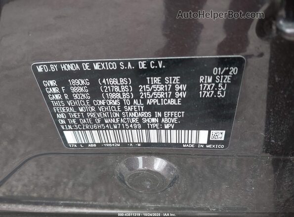 3CZRU6H54LM715499 2020 HONDA HR-V Purple Engine compartment view