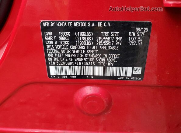 3CZRU6H54LM735316 2020 HONDA HR-V Red Вид наклейки з VIN-кодом