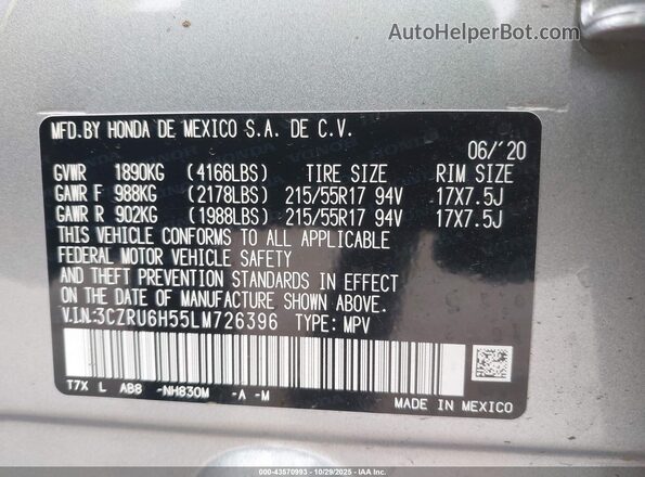 3CZRU6H55LM726396 2020 HONDA HR-V Silver Widok komory silnika
