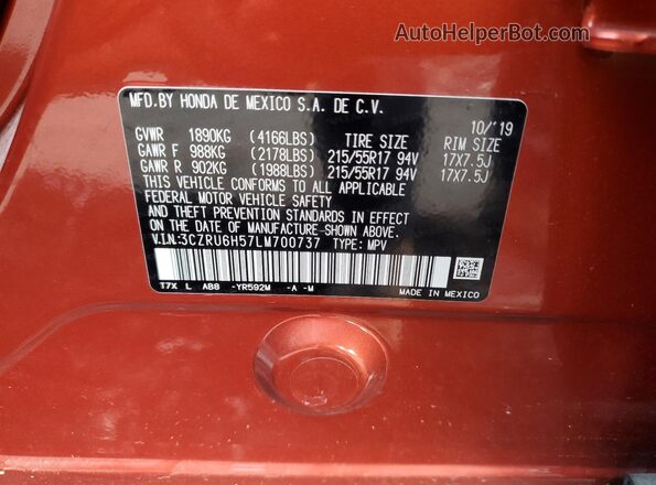 3CZRU6H57LM700737 2020 HONDA HR-V Orange Вид наклейки з VIN-кодом