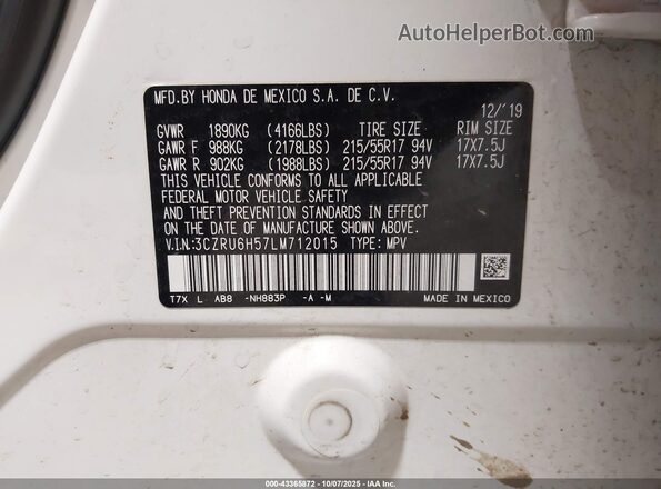 3CZRU6H57LM712015 2020 HONDA HR-V White Vista del compartimento del motor