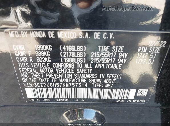3CZRU6H57NM757314 2022 HONDA HR-V Black Вид підкапотного простору