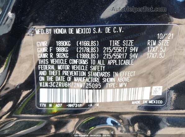 3CZRU6H72NM725095 2022 HONDA HR-V Black ძრავის განყოფილების ხედი