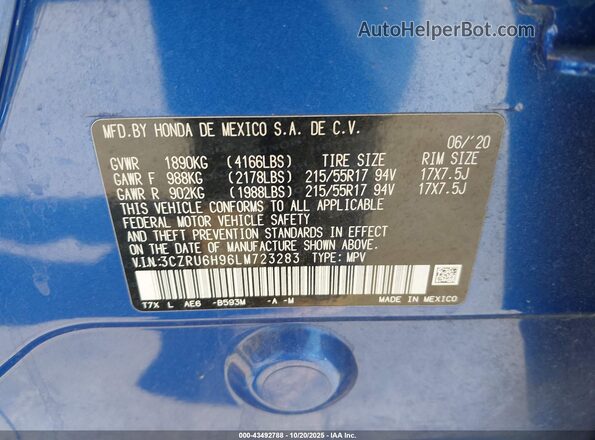 3CZRU6H96LM723283 2020 HONDA HR-V Blue ძრავის განყოფილების ხედი