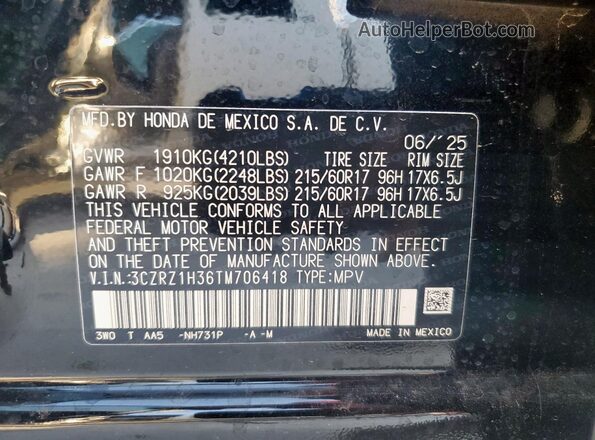 3CZRZ1H36TM706418 2026 HONDA HR-V Black Вид наклейки з VIN-кодом