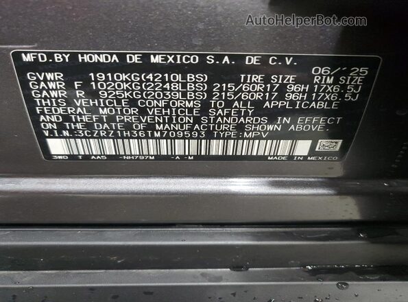 3CZRZ1H36TM709593 2026 HONDA HR-V Gray Вид наклейки з VIN-кодом