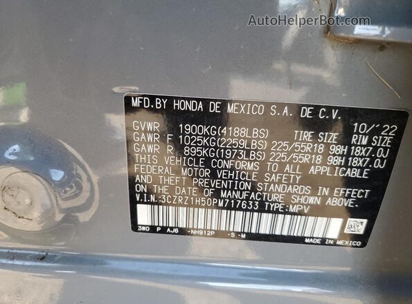 3CZRZ1H50PM717633 2023 HONDA HR-V Gray VIN կոդի պիտակի տեսք