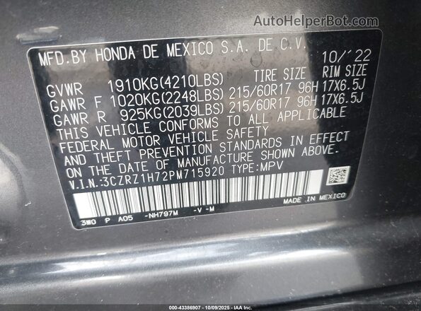 3CZRZ1H72PM715920 2023 HONDA HR-V Gray Engine compartment view