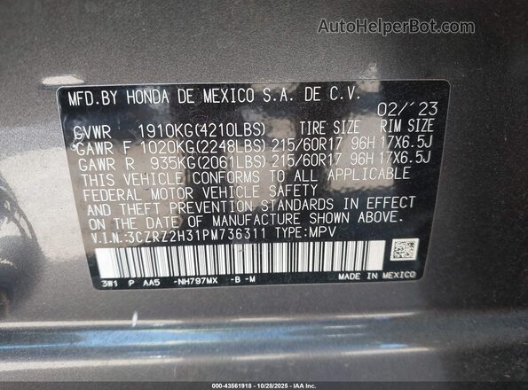 3CZRZ2H31PM736311 2023 HONDA HR-V Серый Вид подкапотного пространства