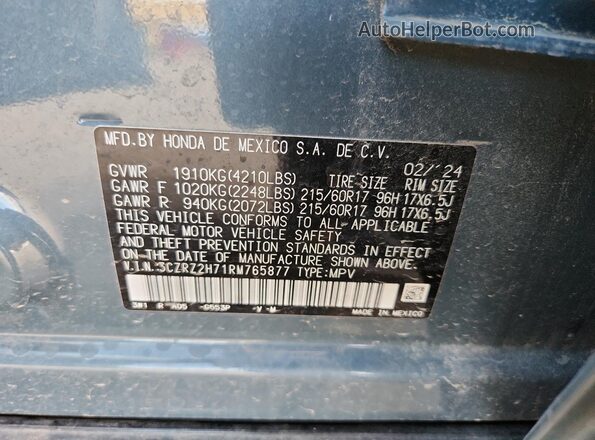 3CZRZ2H71RM765877 2024 HONDA HR-V Blue Շարժիչի բաժամունքի տեսք
